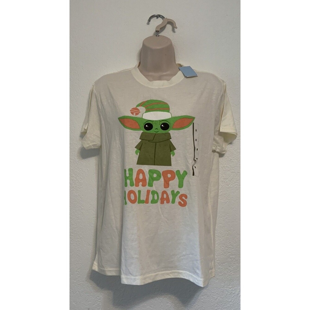 Star Wars Womens Cream Baby Yoda GROGU Holiday T Shirt Short Sleeve Top Size M